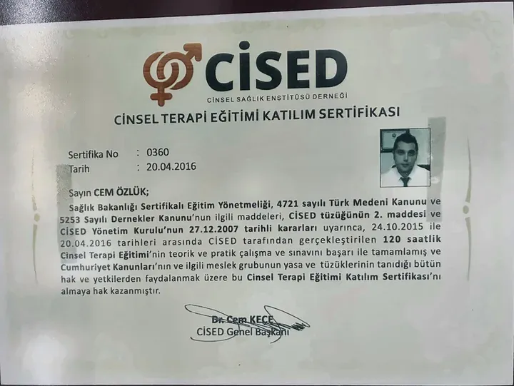 Cinsel Terapi Eğitimi Katılım Sertifikası